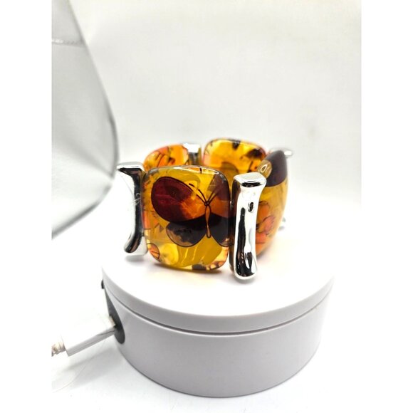 Vintage Butterfly Resin Bracelet Stretch Silver-Tone Bars Bold Statement - Picture 3 of 5